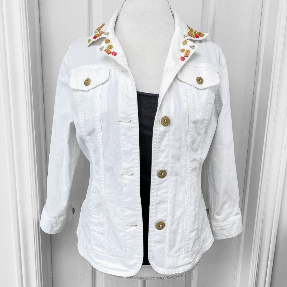 Hearts Of Palm - White Button Up Denim Fall Jacket with Beaded Collar
